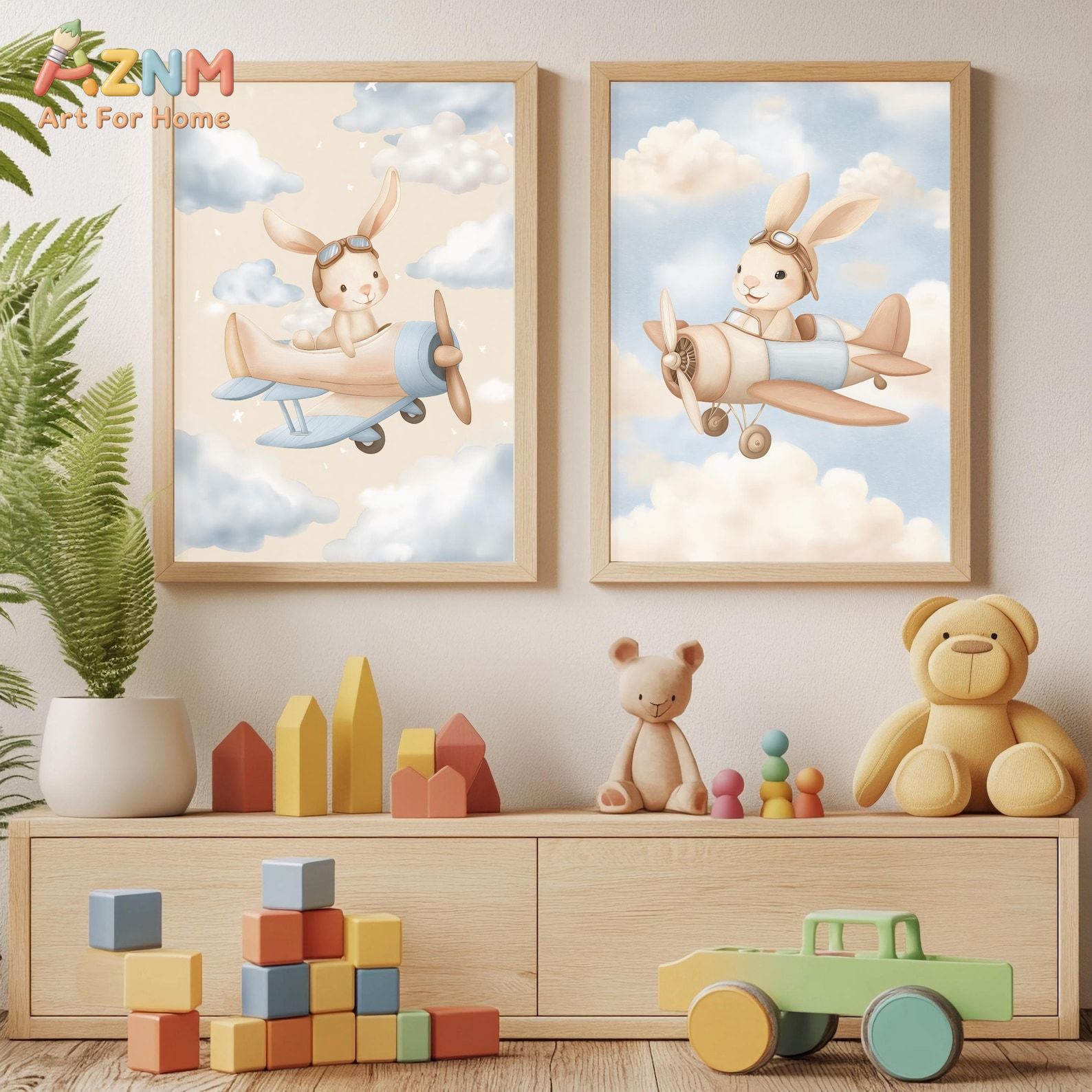 Baby Nursery Animal Theme - Set Seni Dinding Pesawat Kelinci Isi
