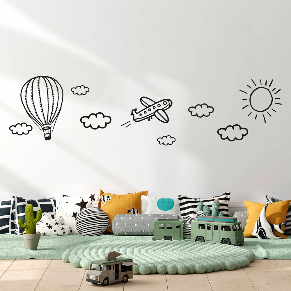 Baby Nursery Murals - Stiker Dinding Anak-anak Doodle Pesawat Balon