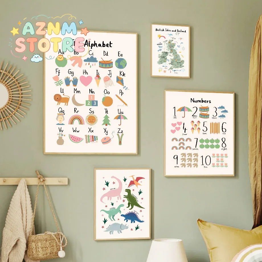 Baby Nursery Ornaments - Peta Dunia Hewan, Alfabet Dinosaurus, Angka,