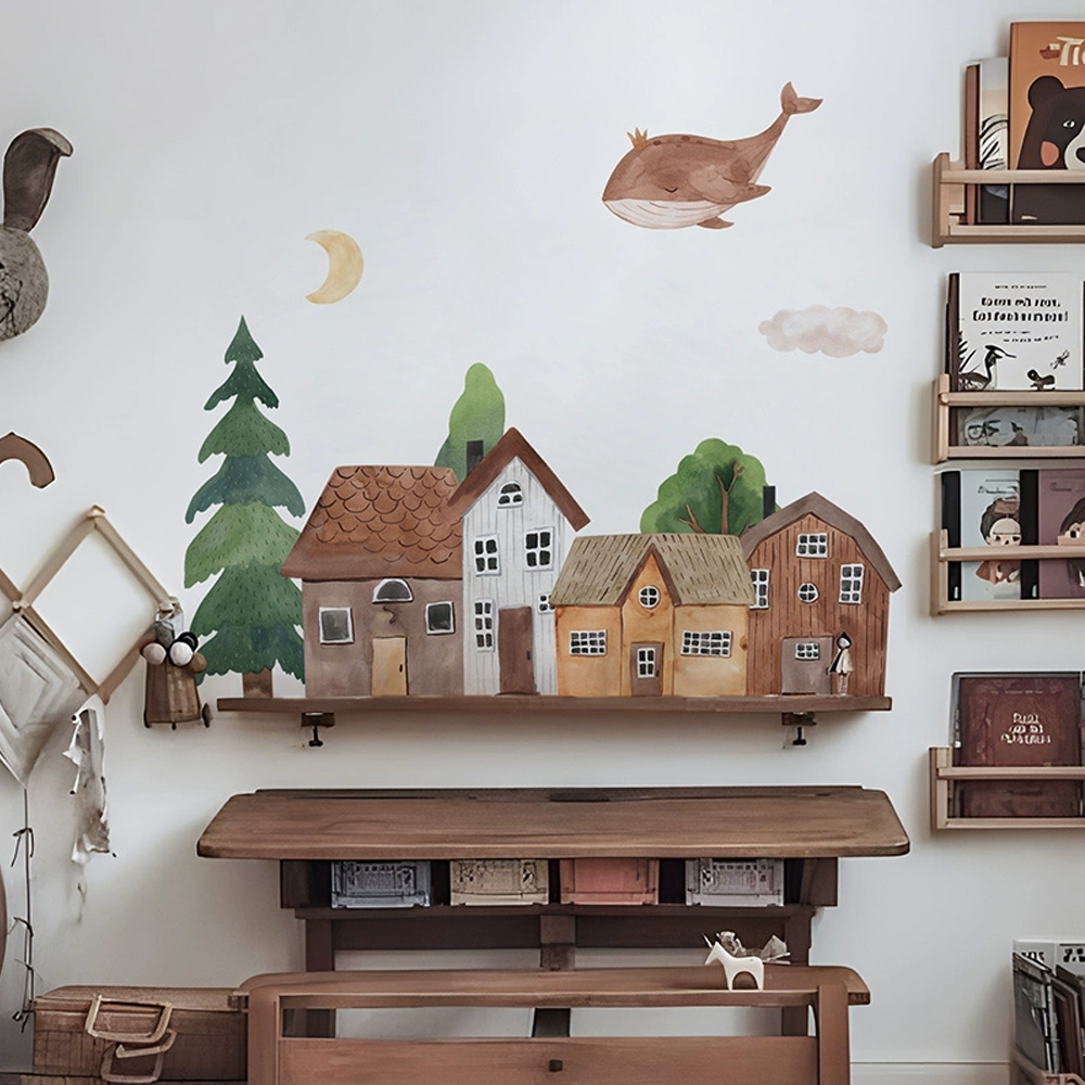 Baby Nursery Ornaments - Stiker dinding kota Vintage, kain kartun